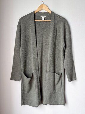 H&M Open Front Long Knit Cardigan Green Drop Shoulder Pockets XS